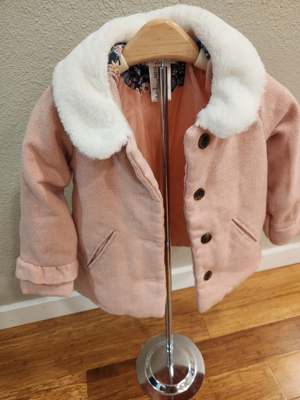 Max Studio Peach Pink Pea Coat with White Faux Fur Collar